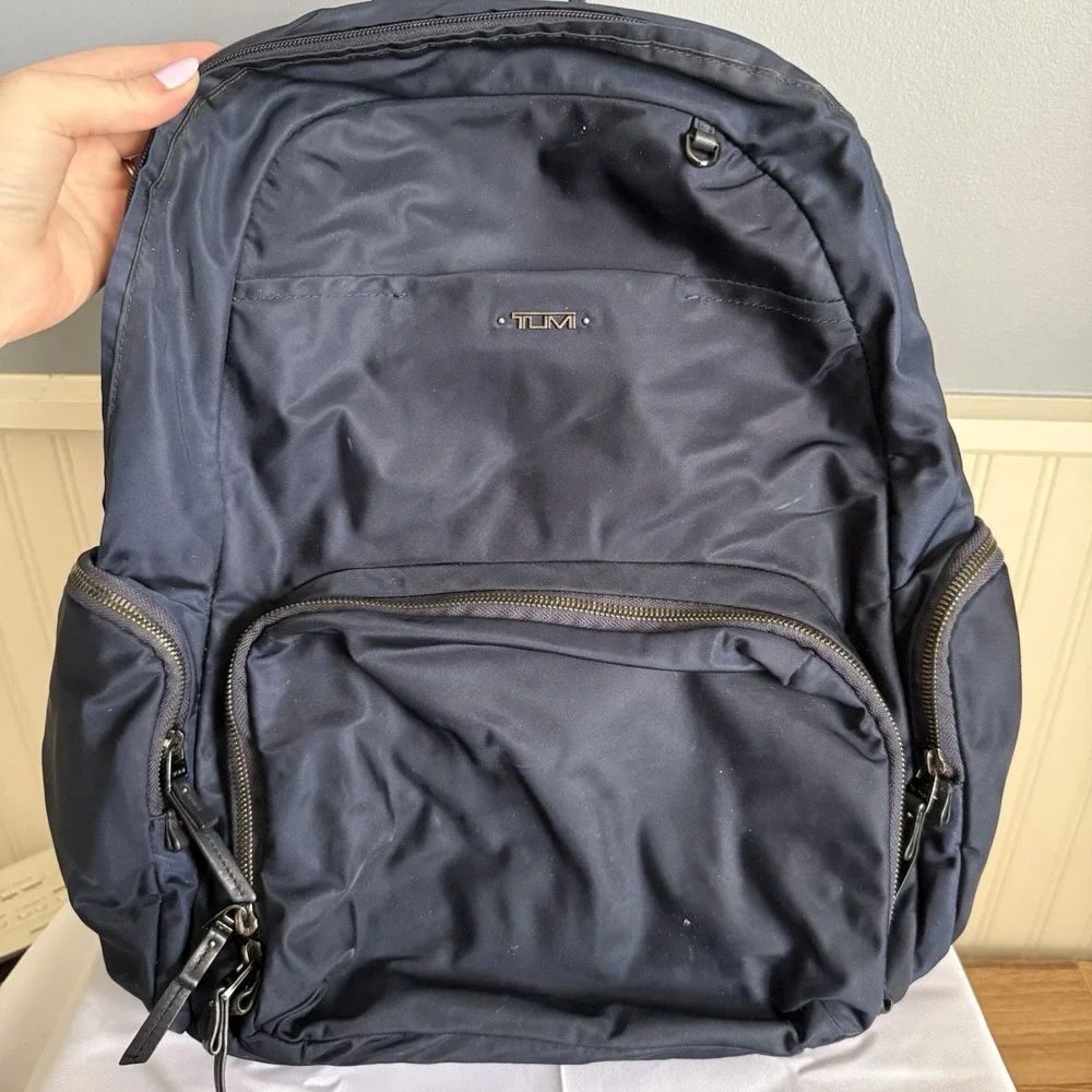 TUMI Navy Blue Nylon Silver Medium Backpack Book Bag Work Commuter Bag